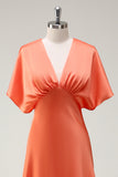 Sunset A Line V Neck Satin Long Bridesmaid Dress with Short Sleeves