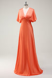 Sunset A Line V Neck Satin Long Bridesmaid Dress with Short Sleeves