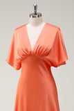 Sunset A Line V Neck Satin Long Bridesmaid Dress with Short Sleeves