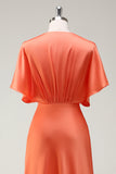 Sunset A Line V Neck Satin Long Bridesmaid Dress with Short Sleeves