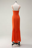 Elegant Sunset Sheath Spaghetti Straps Chiffon Long Bridesmaid Dress with Ruffles