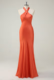 Elegant Orange Mermaid Halter Open Back Satin Long Bridesmaid Dress