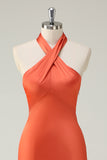 Elegant Orange Mermaid Halter Open Back Satin Long Bridesmaid Dress