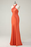 Elegant Orange Mermaid Halter Open Back Satin Long Bridesmaid Dress