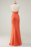 Elegant Orange Mermaid Halter Open Back Satin Long Bridesmaid Dress