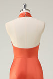 Elegant Orange Mermaid Halter Open Back Satin Long Bridesmaid Dress