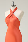 Elegant Orange Mermaid Halter Open Back Satin Long Bridesmaid Dress