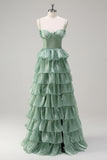 Dusty Sage A-Line Spaghetti Straps Tiered Corset Floor Length Dress with Ruffle Slit