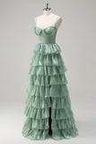 Dusty Sage A-Line Spaghetti Straps Tiered Corset Floor Length Dress with Ruffle Slit