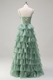 Dusty Sage A-Line Spaghetti Straps Tiered Corset Floor Length Dress with Ruffle Slit