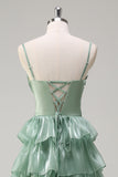 Dusty Sage A-Line Spaghetti Straps Tiered Corset Floor Length Dress with Ruffle Slit