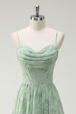 Green Floral A-Line Cowl Neck Corset Floor Length Bridesmaid Dress with Ruffle Slit