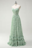 Green Floral A-Line Cowl Neck Corset Floor Length Bridesmaid Dress with Ruffle Slit