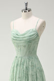 Green Floral A-Line Cowl Neck Corset Floor Length Bridesmaid Dress with Ruffle Slit