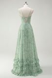 Green Floral A-Line Cowl Neck Corset Floor Length Bridesmaid Dress with Ruffle Slit