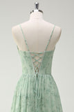 Green Floral A-Line Cowl Neck Corset Floor Length Bridesmaid Dress with Ruffle Slit