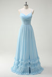 Sky Blue A-Line Cowl Neck Corset Floor Length Bridesmaid Dress with Ruffle Slit