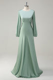 Agave A Line Round Neck Satin Long Bridesmaid Dress with Long Sleeves