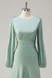 Agave A Line Round Neck Satin Long Bridesmaid Dress with Long Sleeves