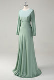 Agave A Line Round Neck Satin Long Bridesmaid Dress with Long Sleeves