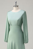 Agave A Line Round Neck Satin Long Bridesmaid Dress with Long Sleeves