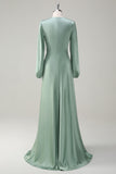 Agave A Line Round Neck Satin Long Bridesmaid Dress with Long Sleeves