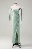 Agave Sheath Bow Straps Ruched Corset Long Bridesmaid Dress with Slit