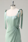 Agave Sheath Bow Straps Ruched Corset Long Bridesmaid Dress with Slit