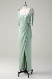 Agave Sheath Bow Straps Ruched Corset Long Bridesmaid Dress with Slit