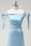 Dusty Blue Off The Shoulder Ruched Long Bridesmaid Dress with Bow Shoulder Strap