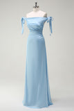 Dusty Blue Off The Shoulder Ruched Long Bridesmaid Dress with Bow Shoulder Strap