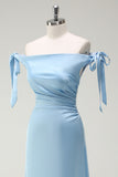 Dusty Blue Off The Shoulder Ruched Long Bridesmaid Dress with Bow Shoulder Strap