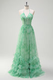 Green Floral A-Line Halter Corset Ruffle Long Bridesmaid Dress with Slit