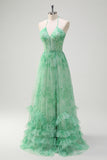 Green Floral A-Line Halter Corset Ruffle Long Bridesmaid Dress with Slit