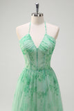 Green Floral A-Line Halter Corset Ruffle Long Bridesmaid Dress with Slit