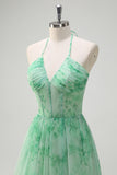 Green Floral A-Line Halter Corset Ruffle Long Bridesmaid Dress with Slit