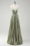 Grey Green A-Line Spaghetti Straps Pleated Long Bridesmaid Dress With Lace Up Back