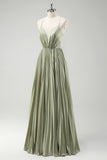 Grey Green A-Line Spaghetti Straps Pleated Long Bridesmaid Dress With Lace Up Back