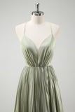 Grey Green A-Line Spaghetti Straps Pleated Long Bridesmaid Dress With Lace Up Back