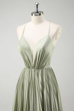 Grey Green A-Line Spaghetti Straps Pleated Long Bridesmaid Dress With Lace Up Back