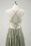 Grey Green A-Line Spaghetti Straps Pleated Long Bridesmaid Dress With Lace Up Back