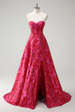 Fuchsia Floral Princess Sweetheart Jacquard Long Corset Prom Dress with Slit