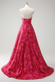 Fuchsia Floral Princess Sweetheart Jacquard Long Corset Prom Dress with Slit