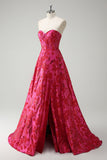 Fuchsia Floral Princess Sweetheart Jacquard Long Corset Prom Dress with Slit