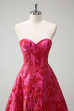 Fuchsia Floral Princess Sweetheart Jacquard Long Corset Prom Dress with Slit