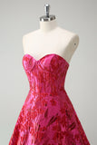 Fuchsia Floral Princess Sweetheart Jacquard Long Corset Prom Dress with Slit