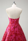 Fuchsia Floral Princess Sweetheart Jacquard Long Corset Prom Dress with Slit