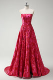 Fuchsia Floral A Line Strapless Brocade Long Prom Dress with Slit