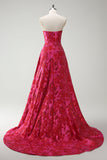 Fuchsia Floral A Line Strapless Brocade Long Prom Dress with Slit