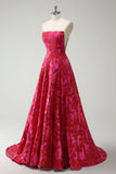 Fuchsia Floral A Line Strapless Brocade Long Prom Dress with Slit